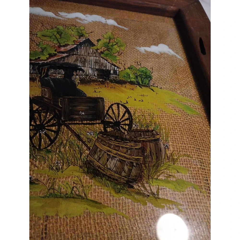 Vintage Rustic Hand Painted 1987 Folk Art with Old Wood Frame‎ Wall Hanging